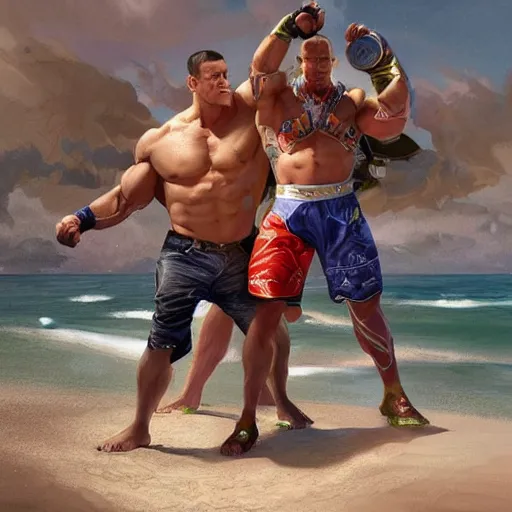 Image similar to John Cena fights Will Smith on the beach, intricate, stunning, highly detailed, digital painting, artstation, concept art, smooth, sharp, focus, illustration, art by artgerm and greg rutkowski and alphonse mucha