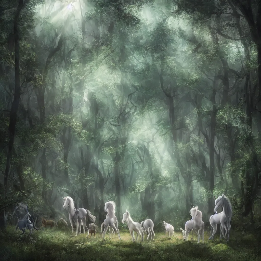 Prompt: beautiful scene render of a beautiful girls and unicorns in the woods, sparkling, perfectly shaded, atmospheric lighting, hyper detailed, 8 k