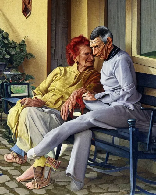 Image similar to a painting of leonard nimoy and janice rand sitting on a porch, a fine art painting by andre charles bieler and by ernest bieler and by jacob philipp hackert, shutterstock contest winner, german romanticism, wimmelbilder, detailed painting, academic art