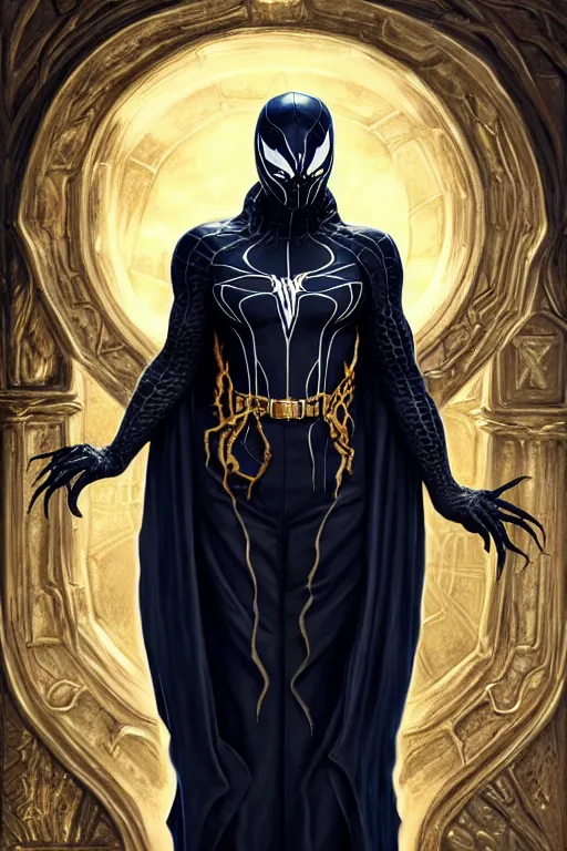 Prompt: venom eddie brock symbiote gothic navy cloak with gold details, castle town, fantasy character portrait, ultra realistic, intricate, elegant, highly detailed, digital painting, artstation, smooth, sharp, focus, illustration, art by artgerm and greg rutkowski and alphonse mucha