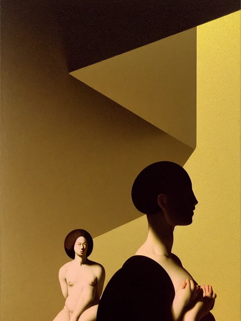 Image similar to hyperrealistic still life portrait of feminine mind contemplating itself inside of a serene temple, beautiful plans, sacred geometry, light refracting through prisms in a tesseract, by caravaggio, botanical print, surrealism, vivid colors, serene, golden ratio, rule of thirds, negative space, minimalist composition, in the style of james turrell, surrealism