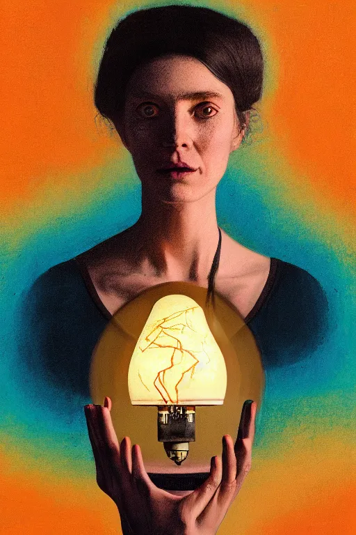 Prompt: painting of a woman inside of an upside down light bulb, kintsugi, modern fine art, fractal, intricate, elegant, highly detailed, digital photography, subsurface scattering, by wes anderson and basquiat and greg rutkowski,