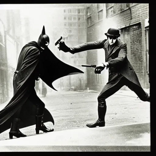 Image similar to old black and white photo, 1 9 2 5, depicting batman fighting a gangster in an alley of new york city, tommy gun, rule of thirds, historical record