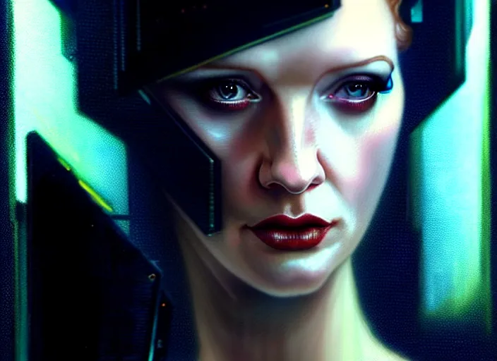 Image similar to portrait shot of christina hendricks in bladerunner wearing a cyberpunk costume, frontal view, intricate, elegant, highly detailed, centered, digital painting, artstation, concept art, smooth, sharp focus, illustration, artgerm, tomasz alen kopera, peter mohrbacher, donato giancola, joseph christian leyendecker, wlop, boris vallejo