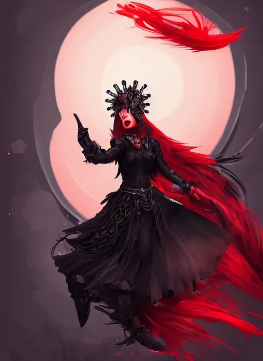 Prompt: a highly detailed illustration of red haired lady wearing black noir dress and black sun hat, dramatic singing pose, intricate, elegant, highly detailed, centered, digital painting, artstation, concept art, smooth, sharp focus, league of legends concept art, wlop.