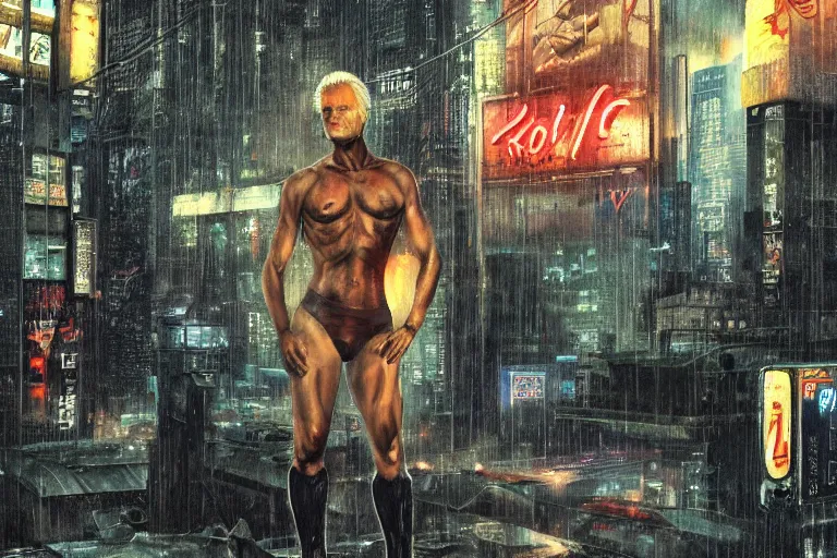 Image similar to roy batty with a bare torso sits in the lotus position with his head bowed in the rain on the roof of a building in the cyberpunk future, around neon signs, a little haze, night, realistic proportions, anime style ghost in armor