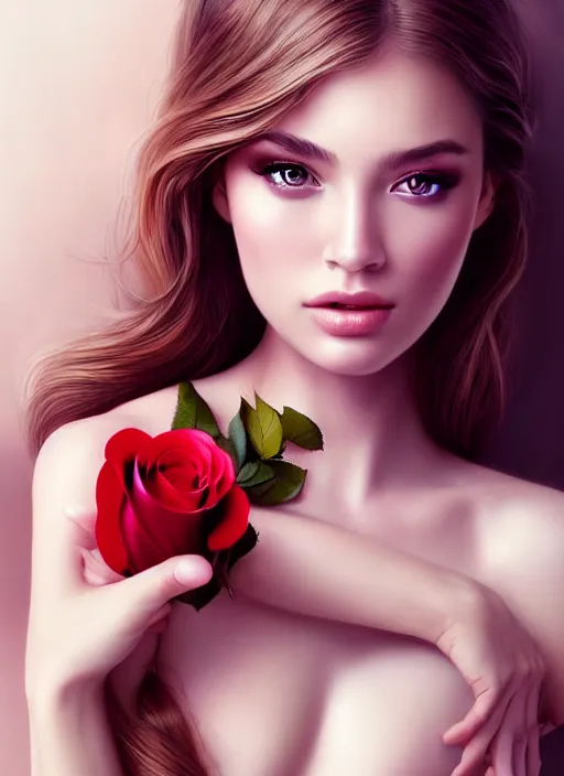 Prompt: a gorgeous female photo, professionally retouched, soft lighting, holding a bouquet of roses, realistic, smooth face, perfect eyes, wide angle, sharp focus on eyes, 8 k high definition, insanely detailed, intricate, elegant, art by artgerm and wlop