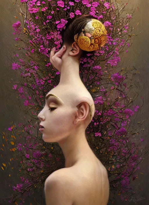 Prompt: a painting of a ballerina surrounded by flowers, a surrealist painting by yoann lossel, trending on cgsociety, pop surrealism, made of flowers, cosmic horror, lovecraftian, directed gaze