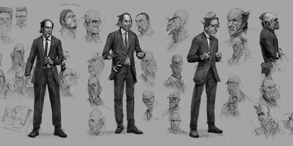 Image similar to saul goodman, character sheet, concept design, contrast, kim jung gi, greg rutkowski, zabrocki, karlkka, jayison devadas, trending on artstation, 8 k, ultra wide angle, pincushion lens effect