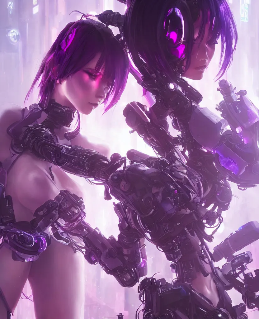 Image similar to A beautiful painting of a cyberpunk anime girl with purple hair and an a huge robot arm sensual stare, Trending on artstation. augmentations and cybernetic enhancements neon circuits, greg rutkowski artstation, hyperrealist, cinema4D, 8k highly detailed ❤️‍🔥 🔥 💀 🤖 🚀