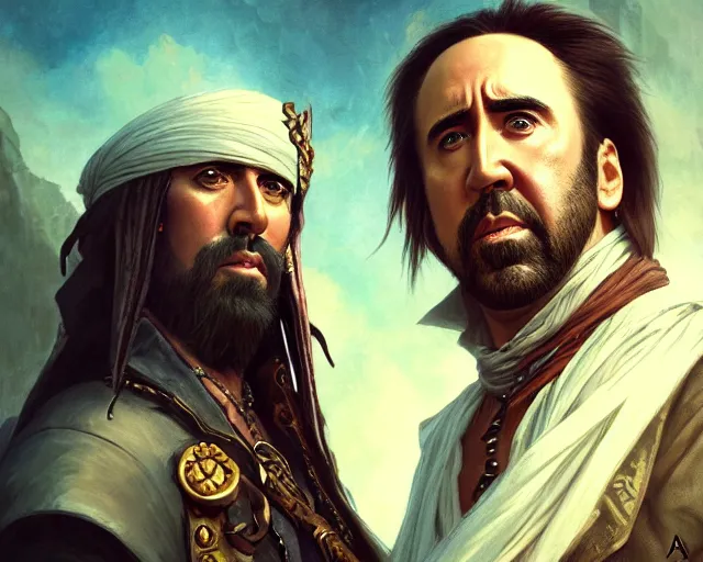 Prompt: nicolas cage as a pirate, deep focus, d & d, fantasy, intricate, elegant, highly detailed, digital painting, artstation, concept art, matte, sharp focus, illustration, hearthstone, art by artgerm and greg rutkowski and alphonse mucha