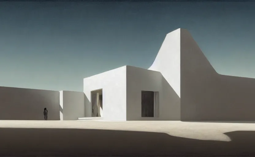 Prompt: painting of a wide angle exterior shot of a white modern architecture in the middle of desert with cinematic lighting by peter zumthor, darek zabrocki and greg ruthkowski, alphonse mucha, simon stalenhag and cinematic and blue cold atmospheric, archillect concept art, artstation, trending on artstation