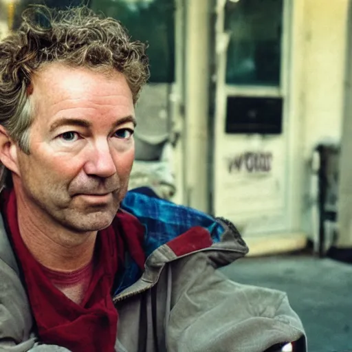 Image similar to Senator Rand Paul as a disheveled homeless man. CineStill