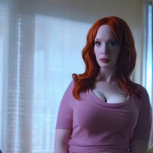 Image similar to a very surprised looking beautiful Christina Hendricks in a miniskirt in the living room, film still from the movie directed by Denis Villeneuve , wide lens