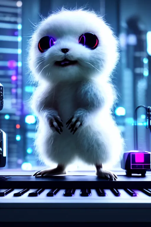 Prompt: high quality 3 d render very cute fluffy cyborg!! mouse plays keyboard, cyberpunk highly detailed, unreal engine cinematic smooth, in the style of blade runner & detective pikachu, hannah yata charlie immer, moody light, low angle, uhd 8 k, sharp focus