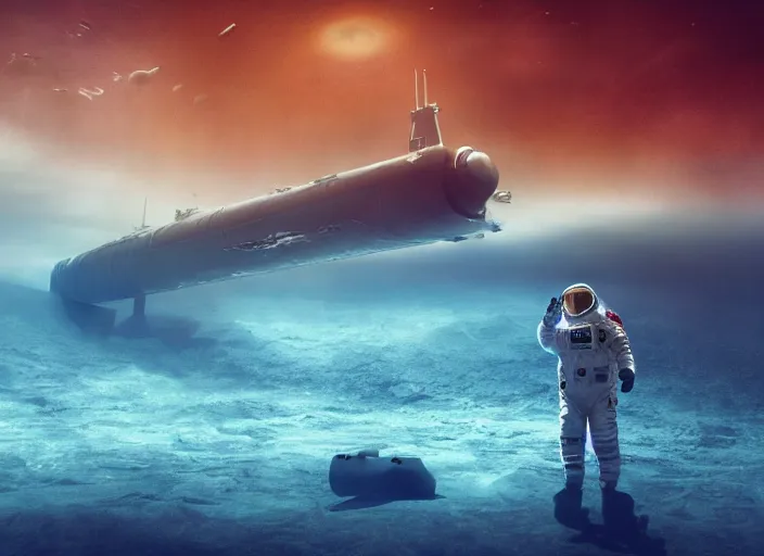 Image similar to astronaut holding a flag in an underwater desert. a submarine is visible in the distance. dark, concept art, cinematic, dramatic, atmospheric, 8 k, trending on artstation, blue, fish, low visibility, fog, ocean floor, christopher nolan, interstellar