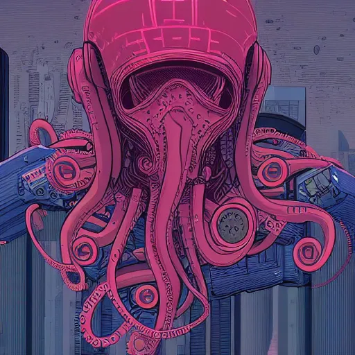 Image similar to cyberpunk Octopus, Industrial Scifi, detailed illustration, techwear, character portrait, by Martin Grip and Moebius