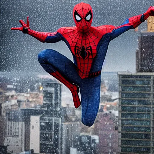 Prompt: spider - man perched next to batman on top of a building with rain pouring down