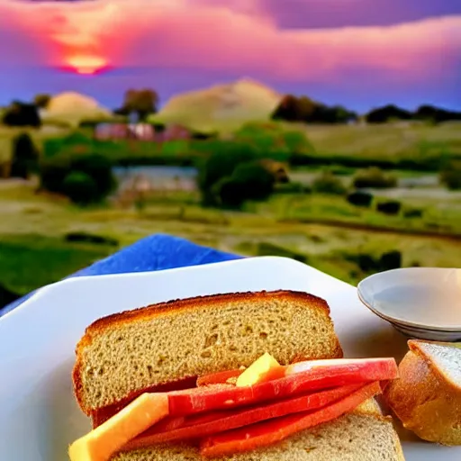 Image similar to sandwich bread with fried tofu, also tomato, onion, avocado and cheddar, over a dish and over a table, sunset background with saturn in the sky, studio photo, amazing light