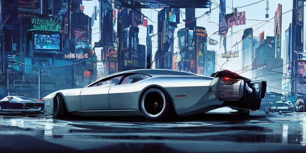 Image similar to art style by Ben Aronson and Edward Hopper and Syd Mead, wide shot view of the Cyberpunk 2077, on ground level. full view of a silver car designed by Henrik Fisker, Bruce Kaiserm and Jon Sibal.