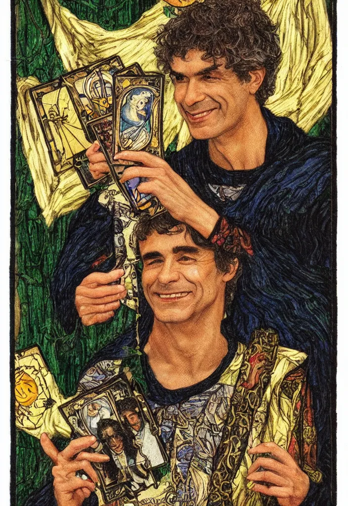 Image similar to Yoshua Bengio smiling on the Tarot card. Illustration by preraphaelists.