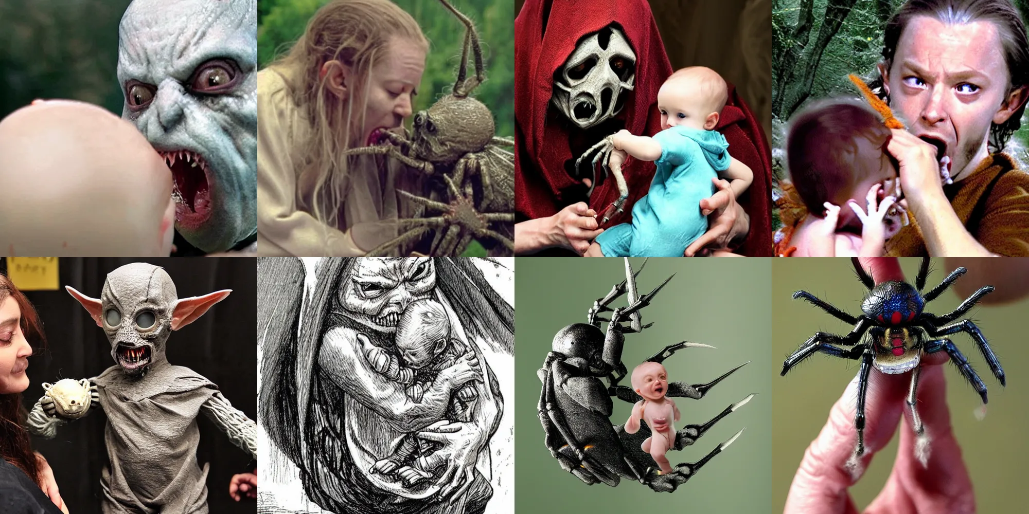 Prompt: Lord of the rings spider eating a human baby award-winning horror