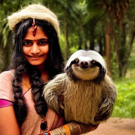 Image similar to a beautiful young indian cottagecore witch holds a cute sloth, traditional disney, still from movie, award winning