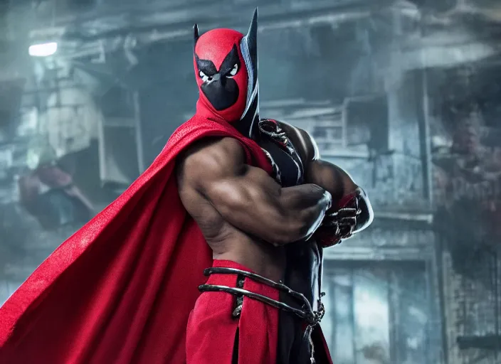Image similar to film still of michael b jordan as spawn in the new spawn movie, giant chains, large cape, 8 k