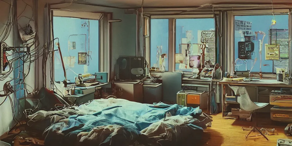 Prompt: cozy 8 0 s bedroom retrofuturism, cluttered, wires everywhere, computer, window, detailed