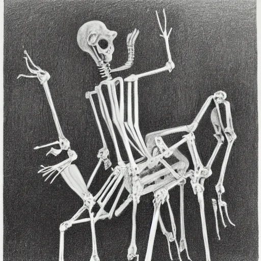 Image similar to depressing cool green by brett weston, by yves tanguy. the drawing features a human figure driving a chariot. the figure is skeletal & frail, with a large head & eyes. the chariot is pulled by two animals, which are also skeletal & frail.