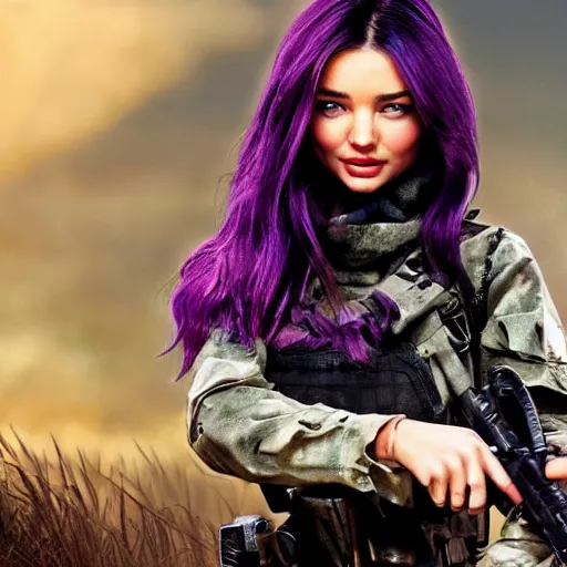 Prompt: Miranda Kerr with long purple hair and sword in call of duty warzone 4k, high detail, high-resolution photograph, professional photography, ultra-detail