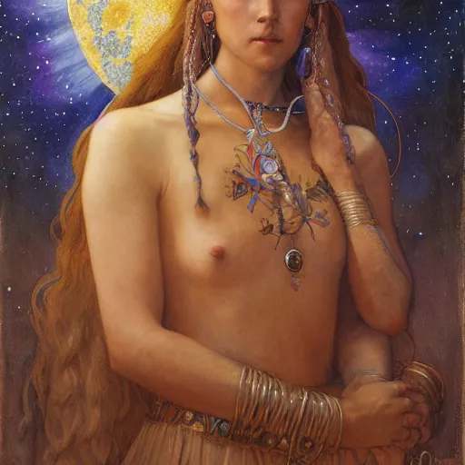 Image similar to queen of the moon with stars in her hair, by annie swynnerton and tino rodriguez and donato giancola and nicholas roerich and jean delville and diego rivera and charlie bowater, dramatic lighting, god rays, geometric tattoos, rich colors, smooth sharp focus, extremely detailed, adolf wolfli