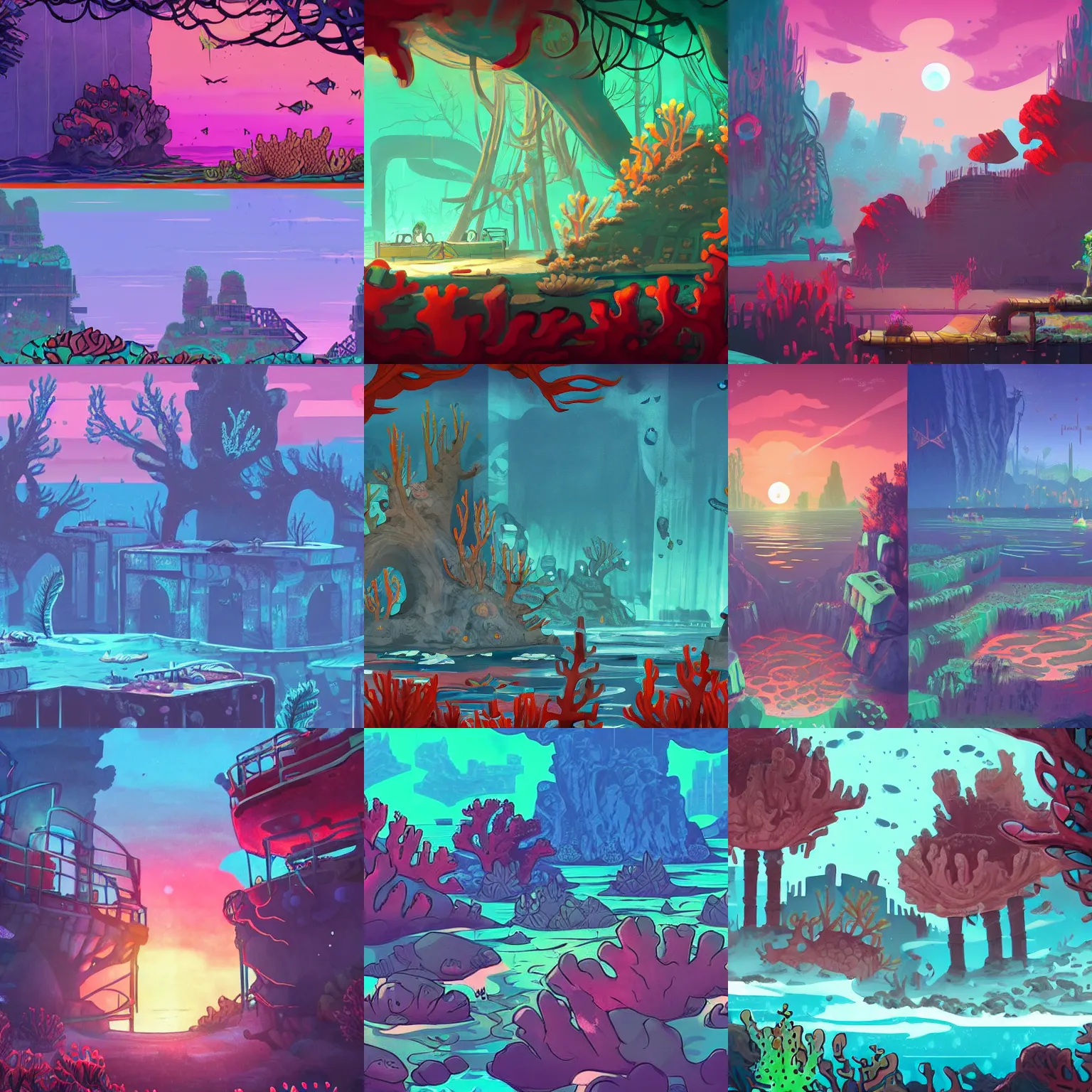 Prompt: beautiful art for a 2d side scroller game set in an underwater fallout survival base with lots of colorful coral inspired by night in the woods