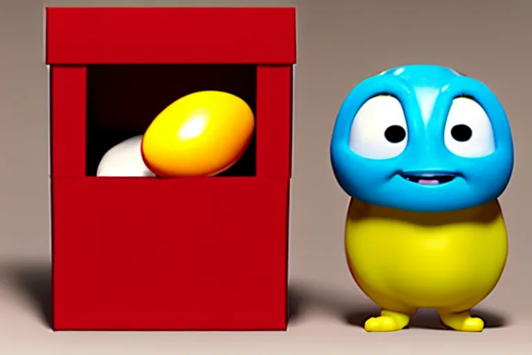 Prompt: an anthropomorphic jelly bean, moving a box, pixar