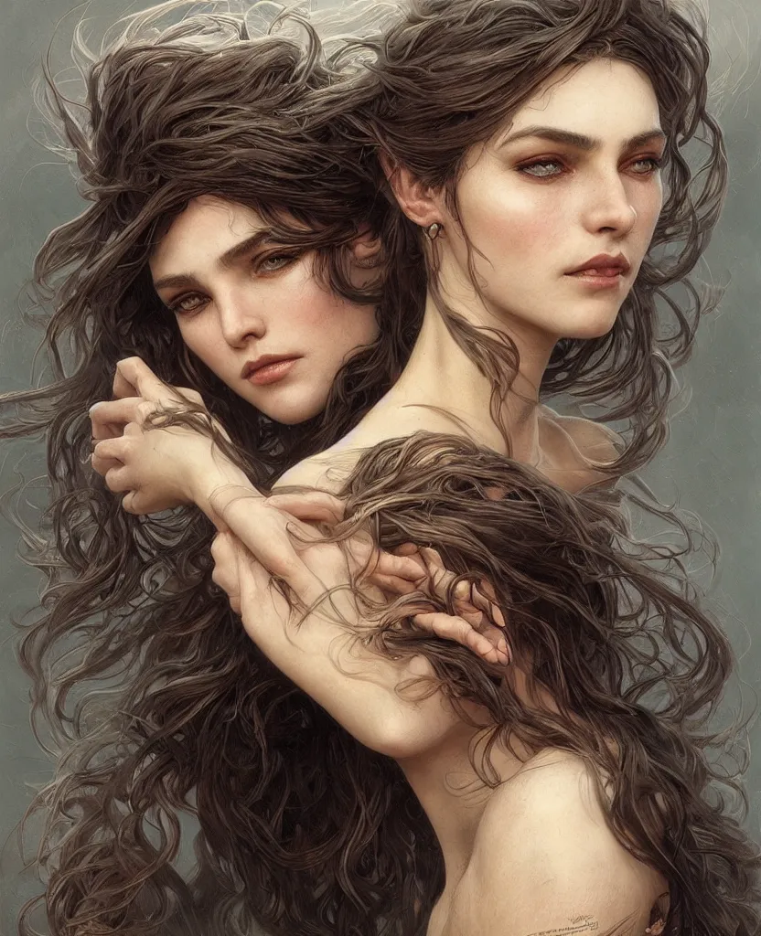 Image similar to portrait of a ruggedly beautiful goddess, soft hair, half body, leather, hairy, d & d, fantasy, intricate, elegant, highly detailed, digital painting, artstation, concept art, smooth, sharp focus, illustration, art by artgerm and greg rutkowski and alphonse mucha