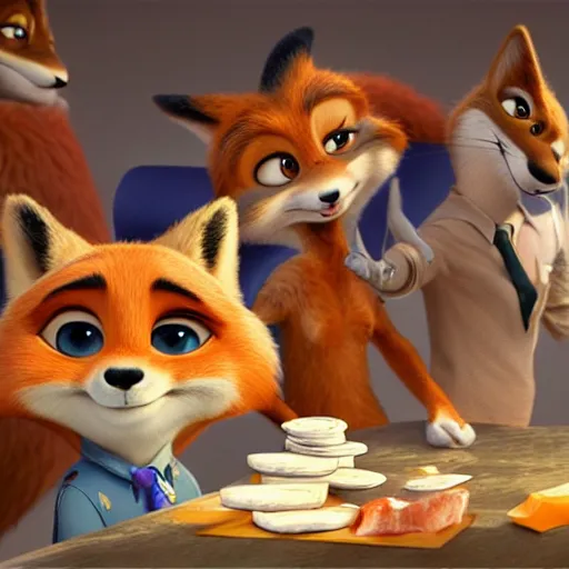 Prompt: foxes judging a cheese competition, furry, cute, disney zootopia, zootopia, concept art, artstation, detailed, award winning, dramatic lighting