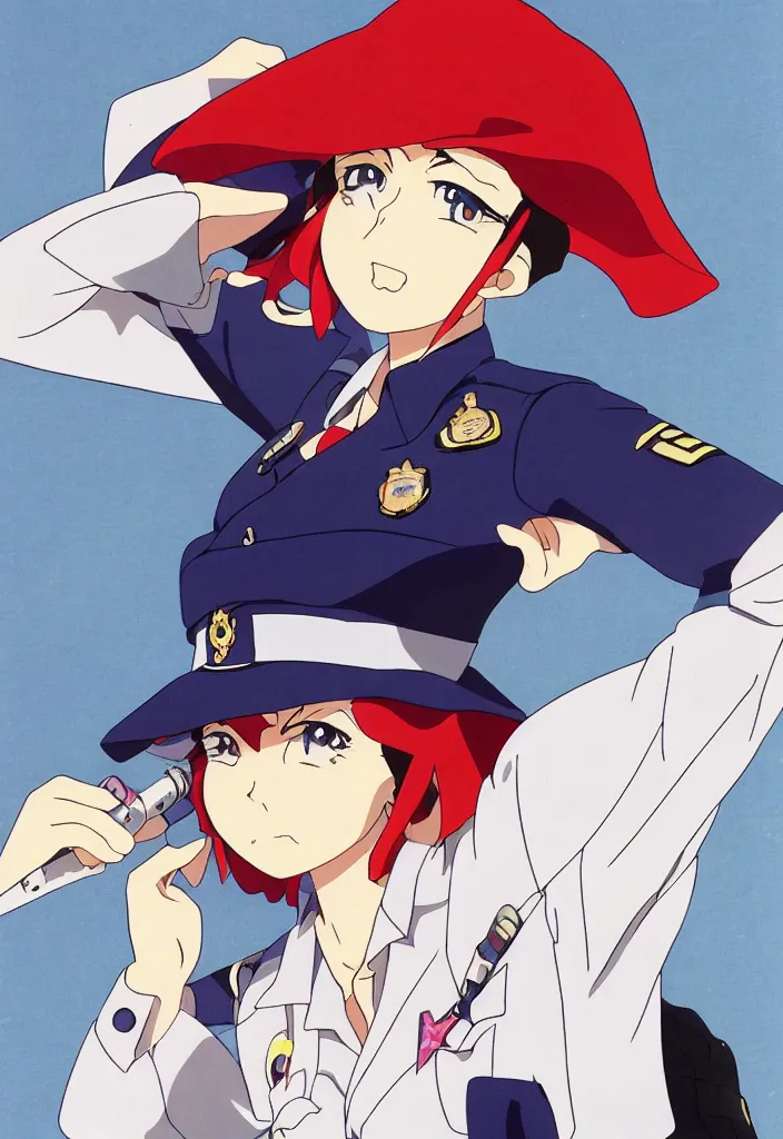 Prompt: a police woman, animation cel for anime movie, designed by haruhiko mikimoto, studio trigger, gainax, subtle colors