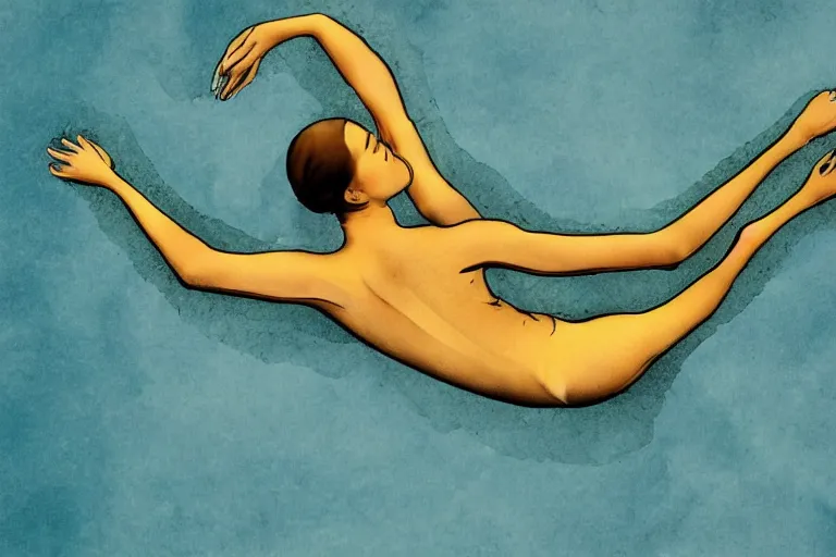 Image similar to beautiful serene swimming person, healing through motion, life, minimalistic golden and ink airbrush painting on white background