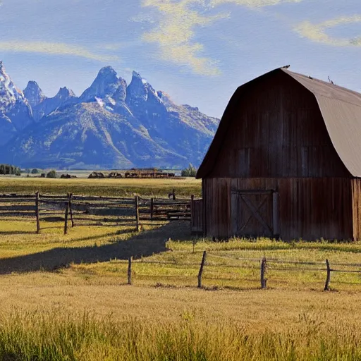 Image similar to a panoramic painting of the grand tetons with warm morning light shining on the mountains and a barn from mormon row in the forground