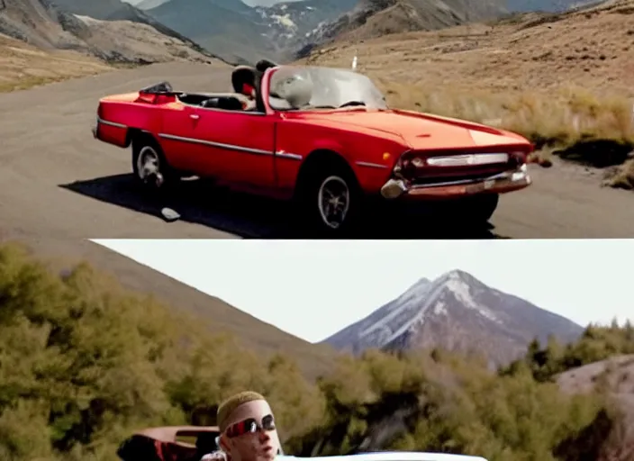 Image similar to a very high resolution image from a new movie, eminem driving a car. mountains, directed by wes anderson