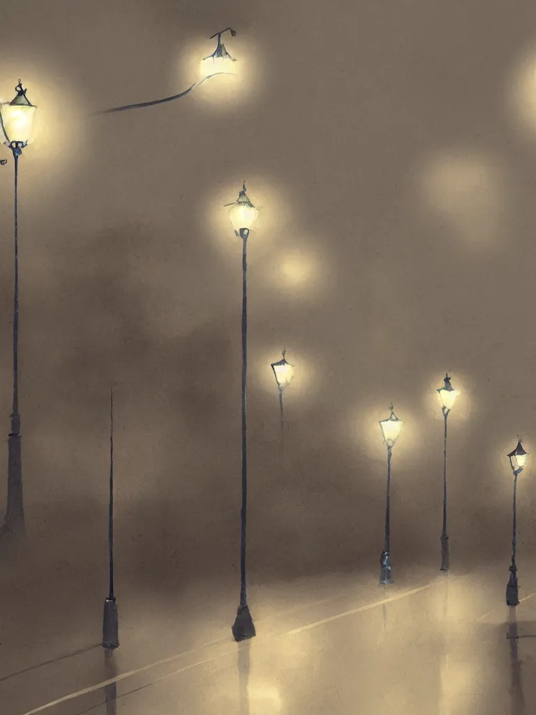 Image similar to street lamps shining though the rain by disney concept artists, blunt borders, rule of thirds