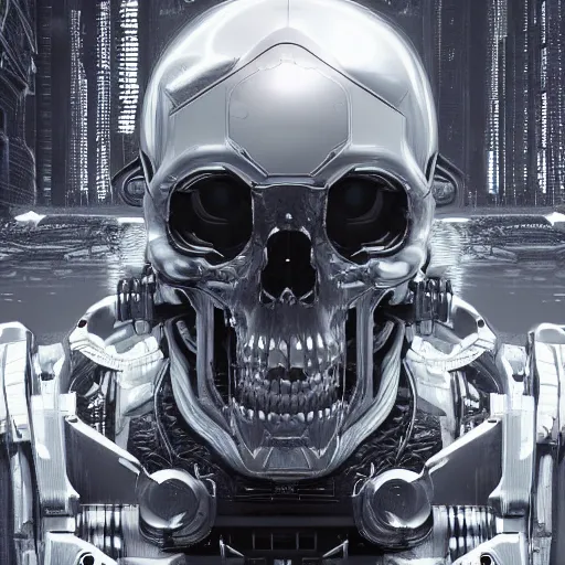 Prompt: black and white cyberpunk style dark bio metal skull, abalone pearl iridescence mecha hard-surface, cyberpunk, hyper realistic, cinematic, unreal engine, 3D, 8K, imagined by Ash Thorp, Tsutomu Nihei, Ghost In The Shell, Akira