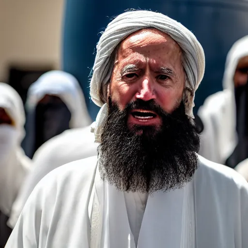 Prompt: 4 k portrait sony a 7 f 2. 8 of president joe biden as a muslim taliban terrorist leader standing surrounded by oil barrels