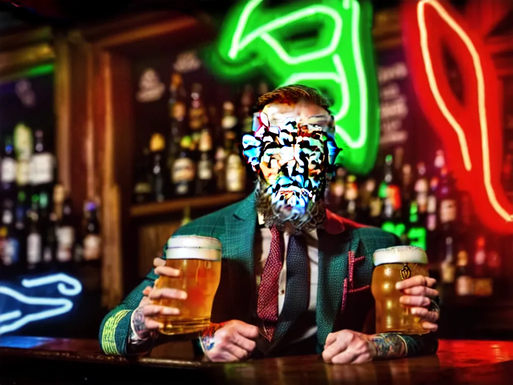 Image similar to a well framed portrait of conor mcgregor drinking a beer in an irish pub with a neon bar, laser lighting, trending on art station, in the style of the movie heat with al pacino, volumetric lighting & shadows, hyper detailed, digital art, unreal engine, 4 0 0 mm f 1. 8,