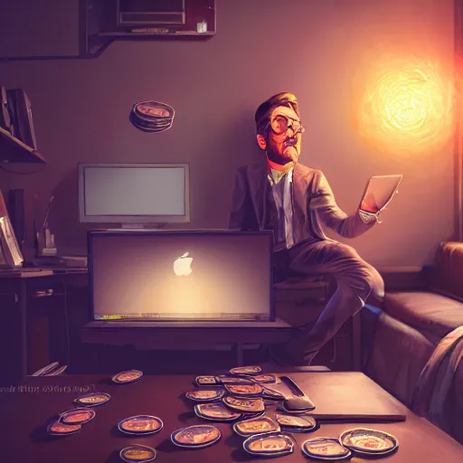 Image similar to realistic rich man using laptop in gaming room, money floating in air, artstation trends, sci fi concept art, highly detailed, intricate, sharp focus, digital art, 8 k