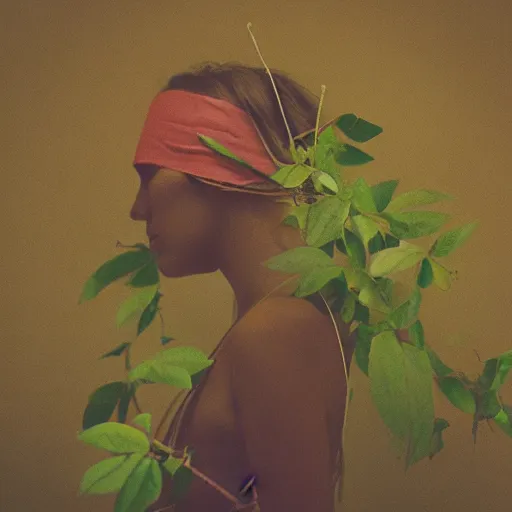 Image similar to “side profile of young woman blindfolded by vines”