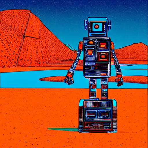 Image similar to “ a picture of a shiny chrome robot walking through outer world desert, a retro chrome sci - fi art by moebius, a path made of a detailed neon circuit board, orange desert, bright clean blue sky, retro sci - fi adventures ”