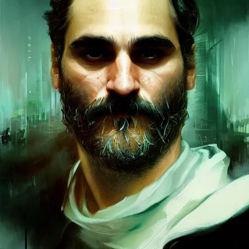 Prompt: joaquin phoenix, hyperrealistic portrait, bladerunner street, art of elysium by jeremy mann and alphonse mucha, fantasy art, photo realistic, dynamic lighting, artstation, poster, volumetric lighting, very detailed face, 4 k, award winning