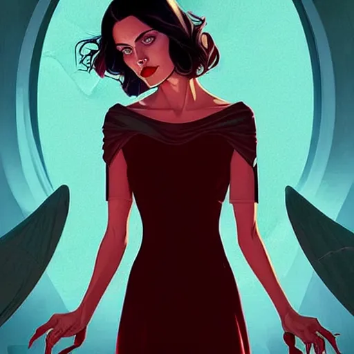 Prompt: Rafeal Albuquerque comic art, Joshua Middleton comic art, pretty female Phoebe Tonkin, vampire, fully red eyes no pupils, sharp vampire teeth, evil smile, horror, symmetrical face, symmetrical eyes, pretty white dress, short black hair, full body:: snow outside::