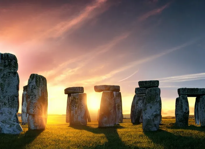 Image similar to sunrise at stonehenge, beautiful dynamic lighting, cinematic, wide angle establishing shot, extremely high detail, photo realistic, cinematic lighting, post processed, concept art, volumetric lighting, official fanart behance, hd, artstation, unreal engine 8k